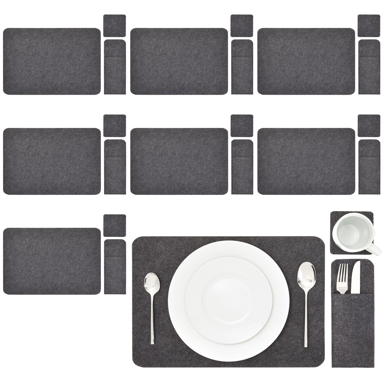 Juvale Felt Table Placemats Set of 8 for Dining Table and Kitchen Decor with Drink Coasters and Cutlery Pouches (Gray, 24 Pieces)